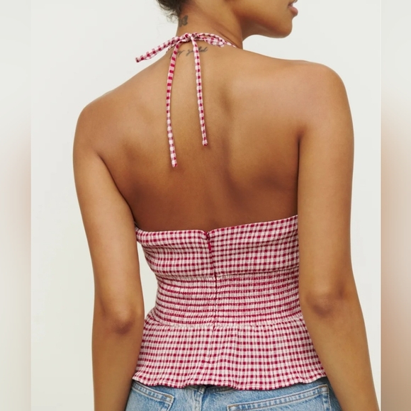 Reformation Gingham Print Halter Peplum Top Burgundy Red Cream - Size 0 - Picture 2 of 7